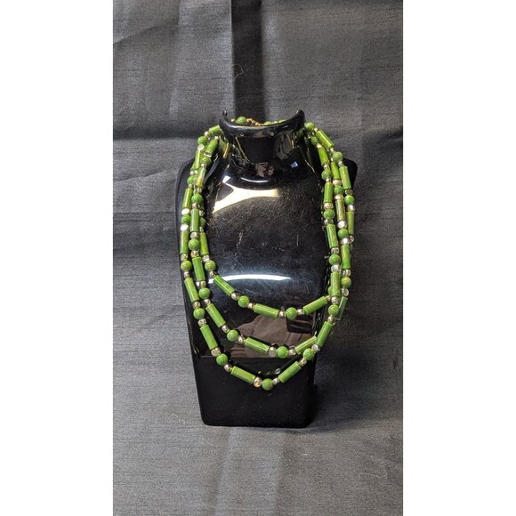 3 for $30  Vintage faux Jade and silver beaded necklace | Long 26 inches - Picture 3 of 6